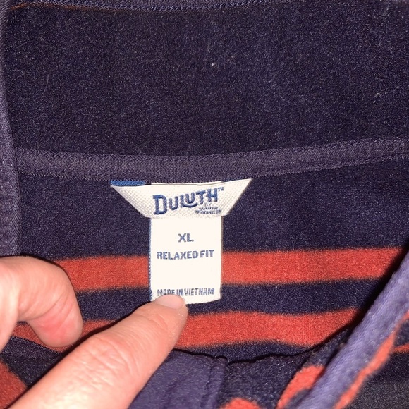 Duluth Trading Co Mens Doubleback Fleece Pullover Sweater Striped Navy Orange XL - Picture 9 of 9